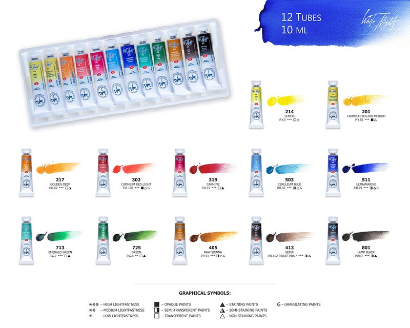 White Nights Extra Fine Artists Grade Professional Watercolor Paint Set of 12 Tubes 10 ml each by Nevskaya Palitra - Image 4